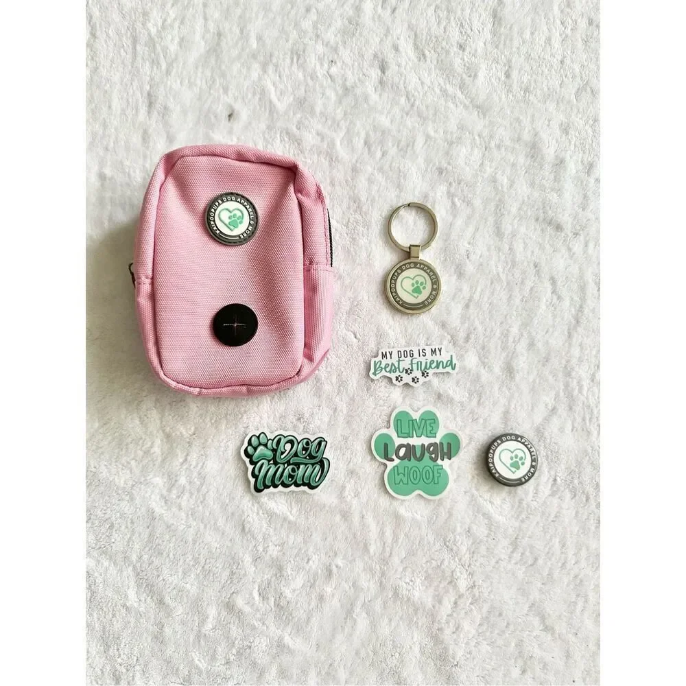 Pink and mint dog poop bag, keychain, pin, and dog stickers